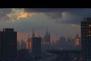 《夜航西岸》电影封面：夜间航线上的机翼与城市灯火